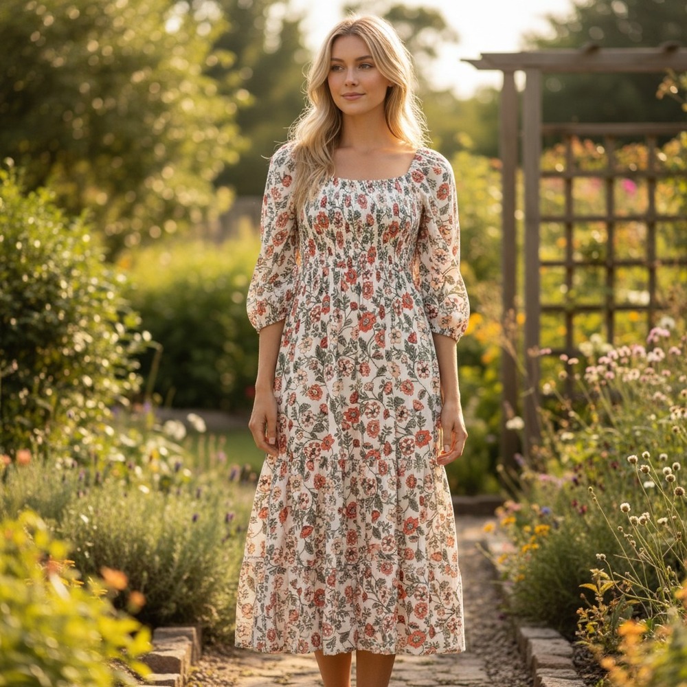 Angie Midi Dress Womens Smocked Floral Puff Sleeve Tiered Boho Cottagecore Cream